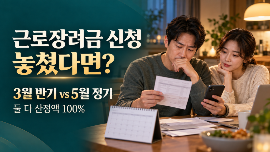 부부가 집에서 국세청 안내 서류와 달력을 살펴보는 장면. 근로장려금 신청을 놓쳤을 때 2027년 3월 반기와 5월 정기 신청을 비교하고 두 경로의 최종 산정액을 설명하는 이미지.