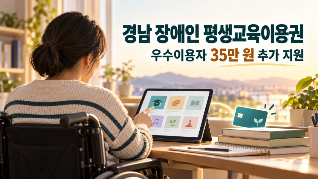 휠체어 이용자가 태블릿으로 평생교육 강좌를 살펴보는 장면과 경남 장애인 평생교육이용권 우수이용자 35만 원 추가 지원 안내