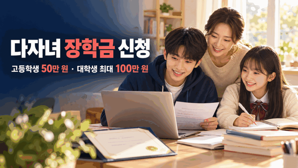 책상 위 등록금 고지서와 필기구를 배경으로 화순 다자녀 장학금의 고등학생 50만 원, 대학생 최대 100만 원을 안내한 16대9 이미지