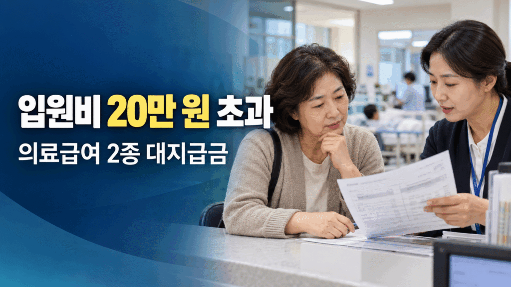 병원 상담 창구에서 입원비 청구서를 확인하는 의료급여 2종 수급자와 담당자, 20만 원 초과 대지급금 안내