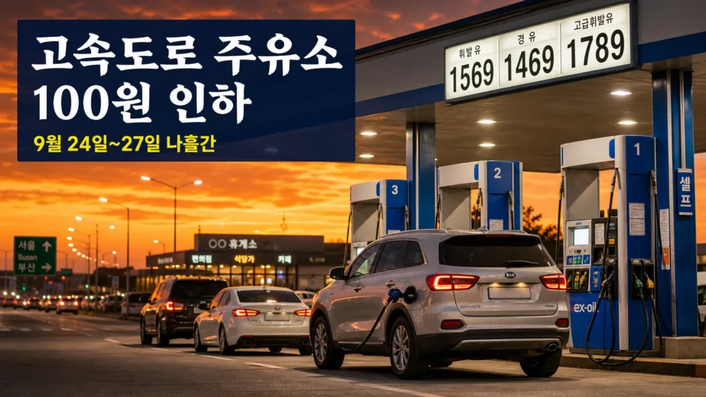 고속도로 주유소 100원 인하, 추석 연휴 4일 기름값 총정리의 핵심 내용을 보여주는 가로형 대표 이미지