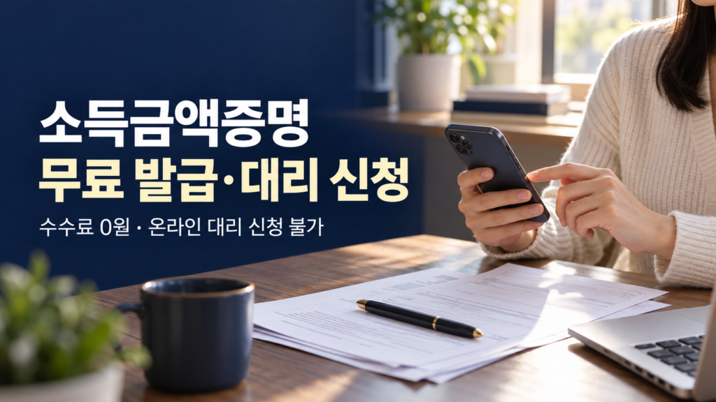 집에서 스마트폰으로 소득금액증명 발급을 확인하는 장면. 소득금액증명 무료 발급·대리 신청, 수수료 0원과 온라인 대리 신청 불가 안내.