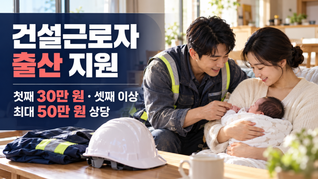 건설근로자 출산 지원 첫째 30만 원, 셋째 이상 최대 50만 원 상당을 안내하는 가족 이미지