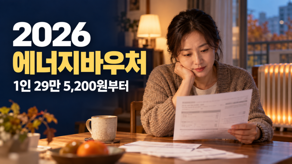 가정에서 에너지 요금 고지서를 확인하는 모습과 2026 에너지바우처 1인 세대 연간 29만 5,200원부터라는 제목