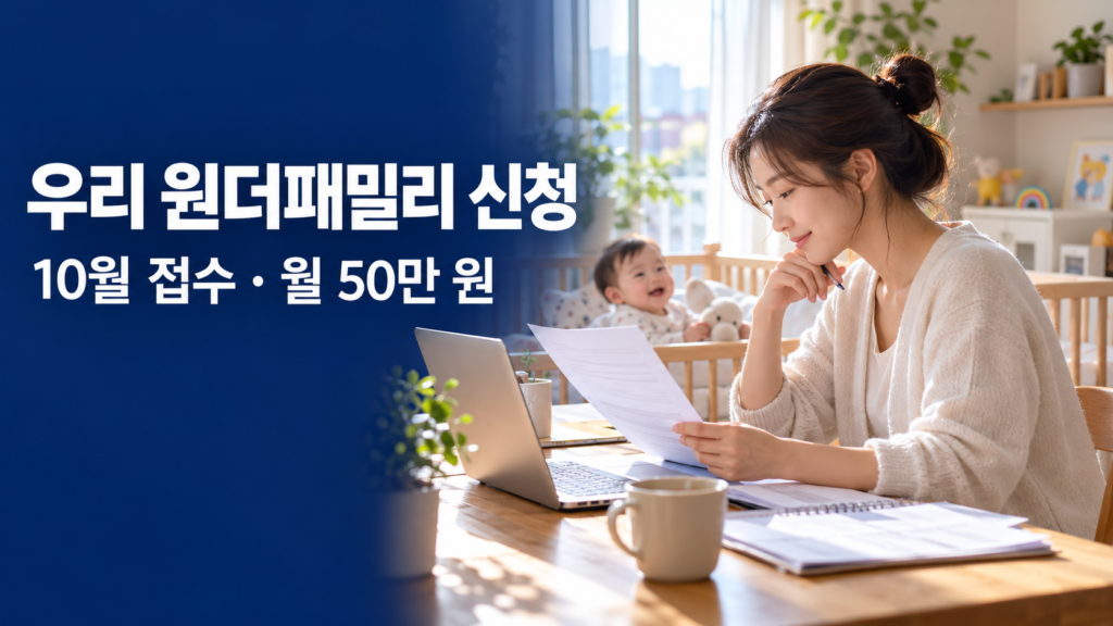 우리 원더패밀리 10월 접수와 월 50만 원 안내, 아기 곁에서 신청서류를 확인하는 부모