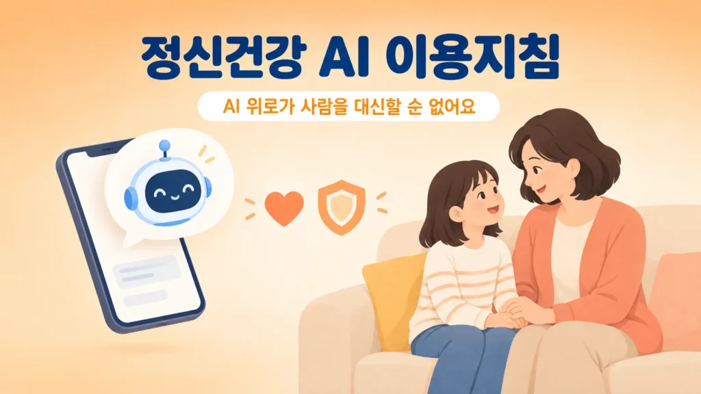 정신건강 AI 이용지침 발표, "AI 위로가 사람을 대신할 순 없어요" 핵심 정리의 핵심 내용을 보여주는 가로형 대표 이미지
