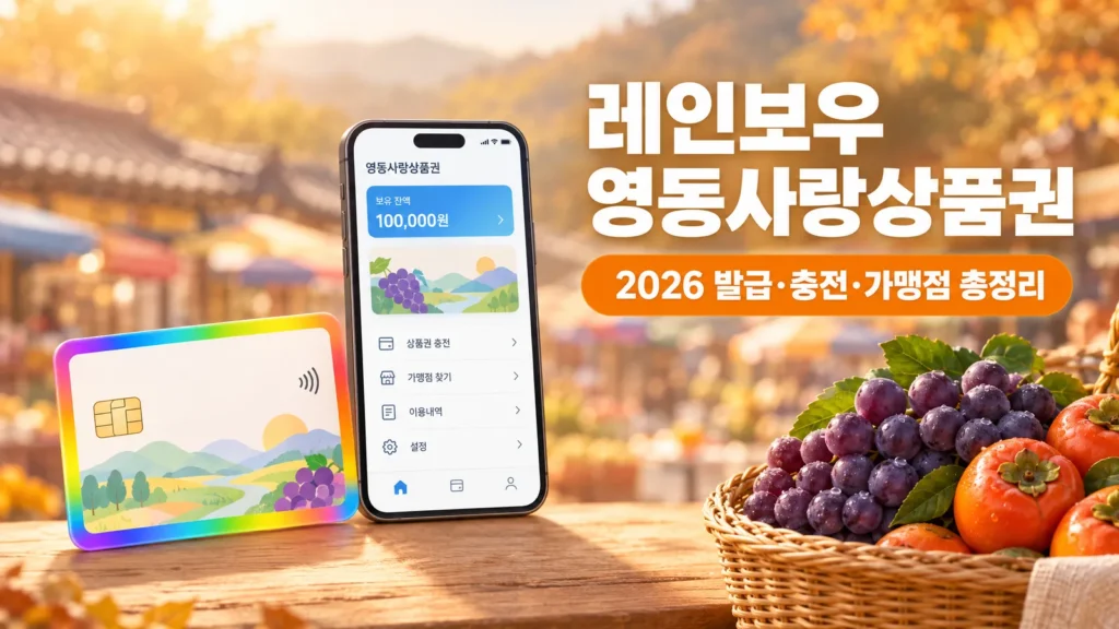 지역사랑상품권(레인보우영동사랑상품권) 2026 발급·충전·가맹점 정리의 핵심 내용을 보여주는 가로형 대표 이미지