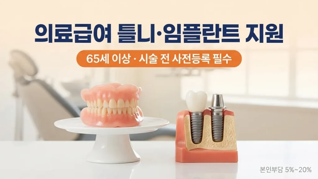 의료급여 틀니·치과임플란트 지원 총정리, 65세 이상 본인부담과 사전등록 방법의 핵심 내용을 보여주는 가로형 대표 이미지